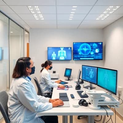 modern healthcare technology office with AI screens, medical devices, team working on health innovation, bright and professional atmosphere